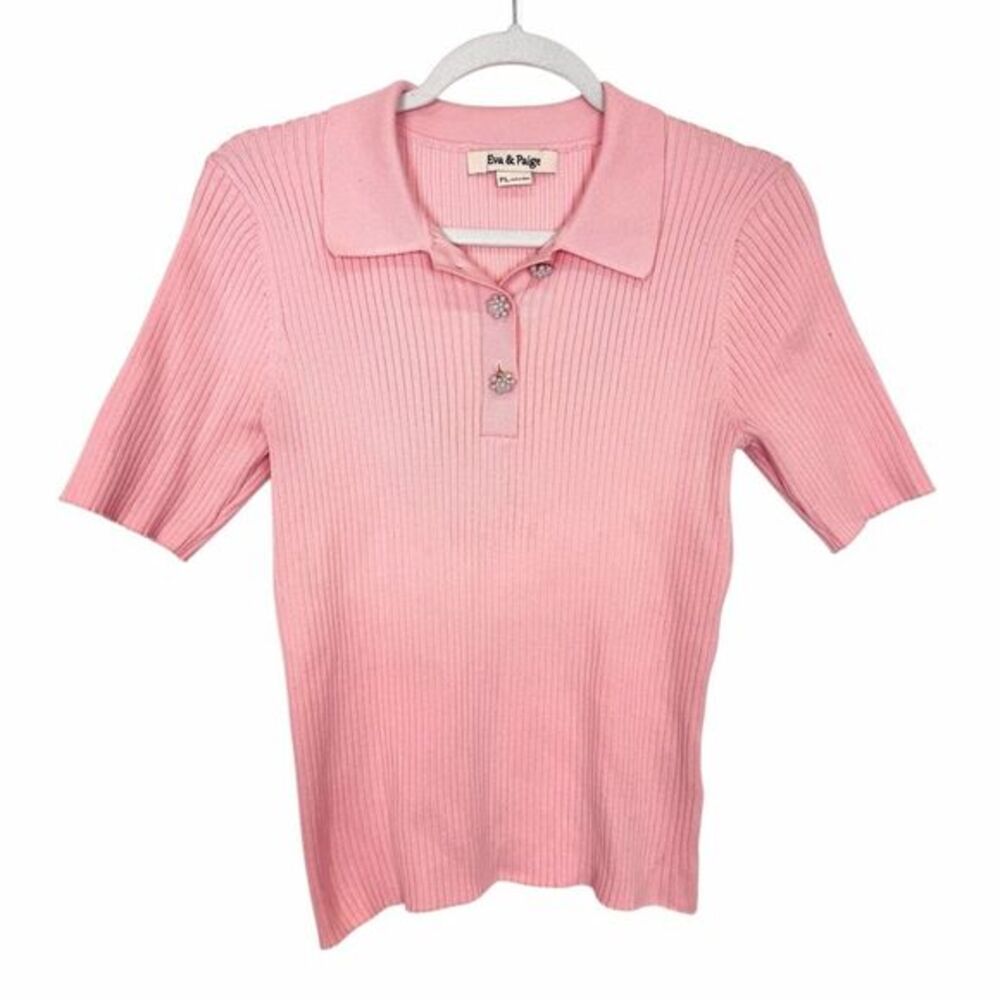 Eva & Paige Pink Ribbed Knit Polo Shirt Pearl Beaded Button Top Large LP Womens